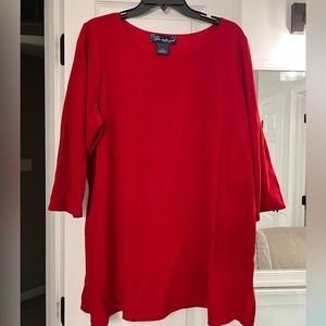 NEVER worn Susan Graver red 3/4 sleeve nylon/spandex red dressy shirt.